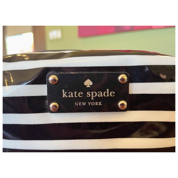 New Kate Spade Patent Leila Stripe Black and White Cosmetic Bag, 7” - Picture 8 of 8